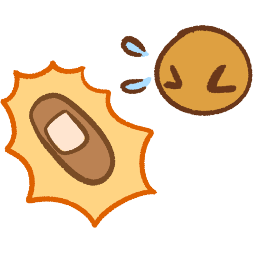 A brown bandaid surrounded by an orange and yellow spiky burst. To its right is a person’s face looking apologetic